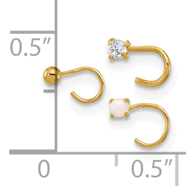 14K 22 Gauge CZ, Synthetic Opal and Ball Nose Post Set (0.22 grams)