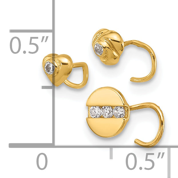 14K 22 Gauge CZ Heart, Flower, and Circle Nose Post Set (0.4 grams)