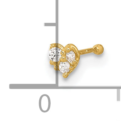 14K 23 Gauge CZ Heart Nose Post (0.06 grams)