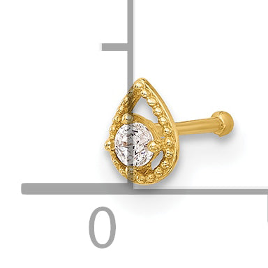 14K 20 Gauge Polished CZ Teardrop Nose Stud (0.15 grams)