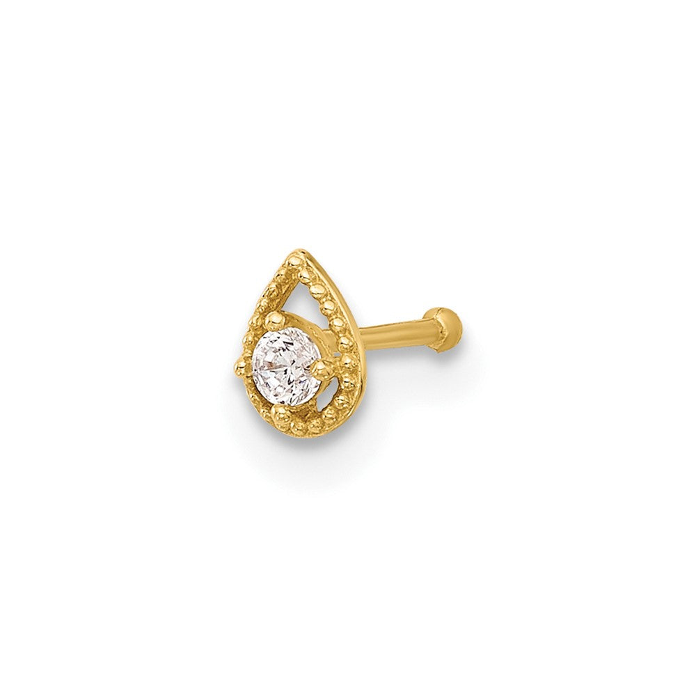 14K 20 Gauge Polished CZ Teardrop Nose Stud (0.15 grams)
