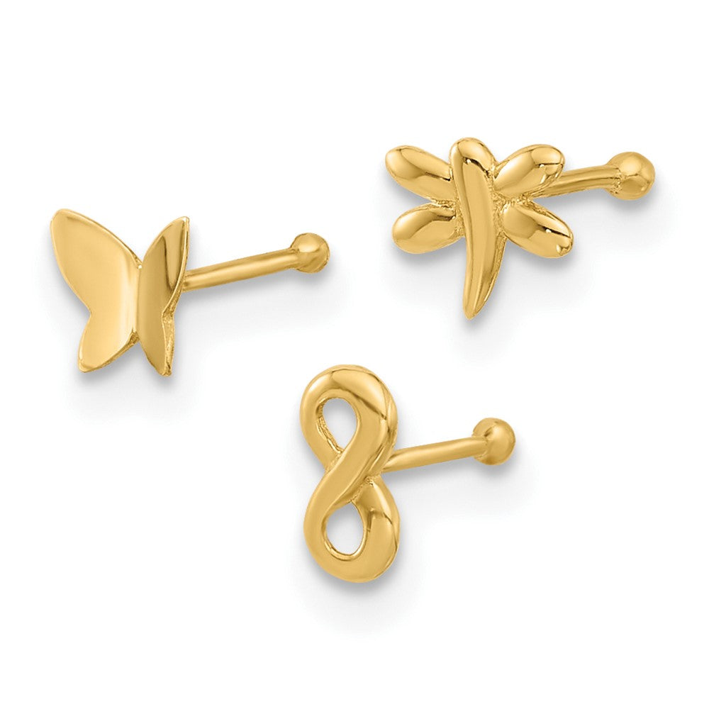14K 22 Gauge Polished Infinity Symbol, Dragonfly and Butterfly Nose Stud (0.43 grams)
