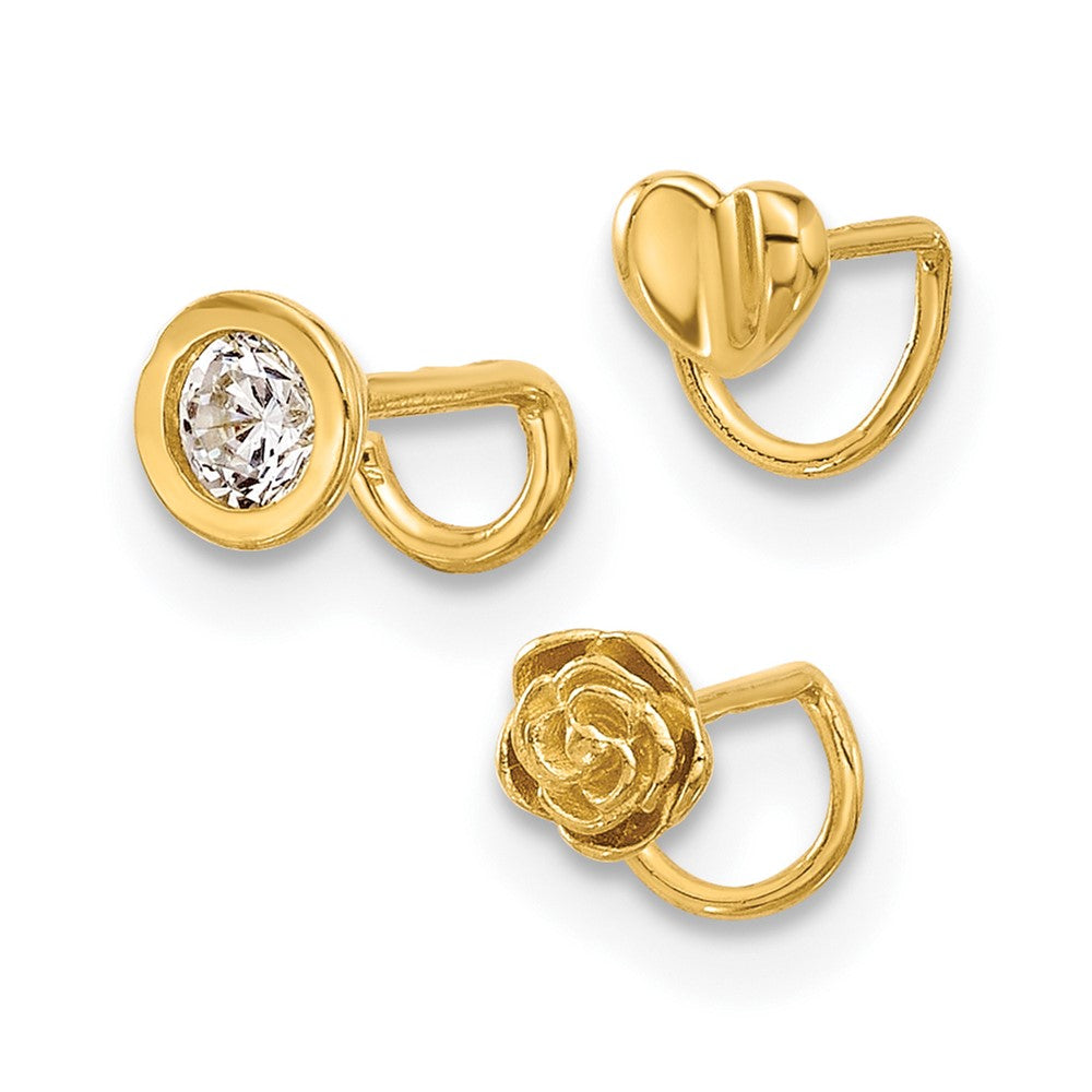 14K 22 Gauge Polished CZ, Flower and Heart Nose Ring Set (0.54 grams)