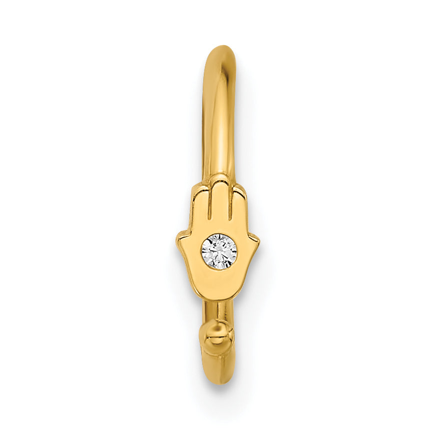 14K 20 Gauge Polished CZ Hamsa Nose Ring (0.4 grams)