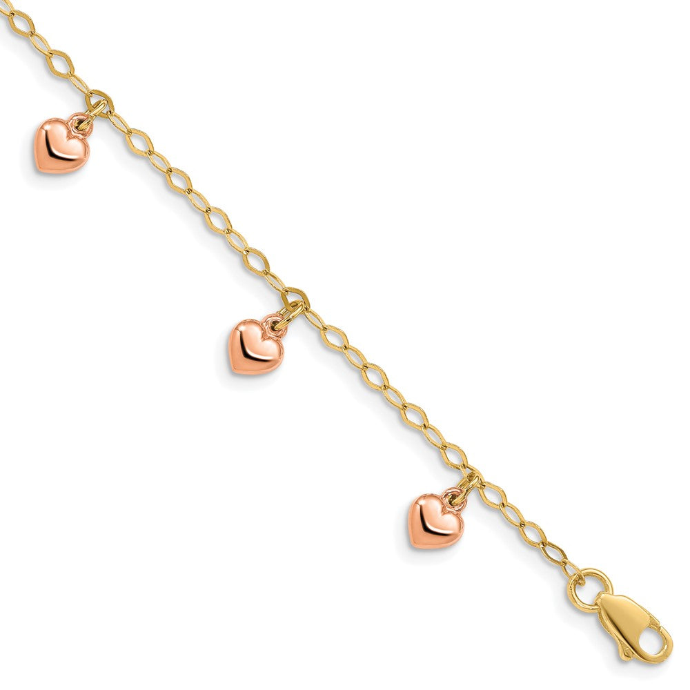 14K Yellow Gold with Rose Gold Hearts Child's Puffed Heart Charm Bracelet (1.91 grams)