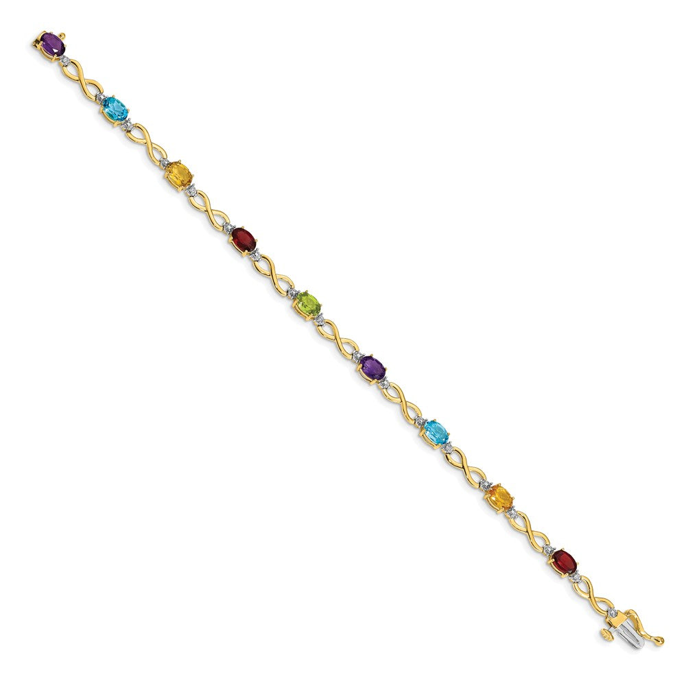 14k Complete Diamond and Oval Garnet/Swiss Blue Topaz/Citrine/Amethyst/Peridot Infinity 7 inch Rainbow Bracelet (4.65 grams)
