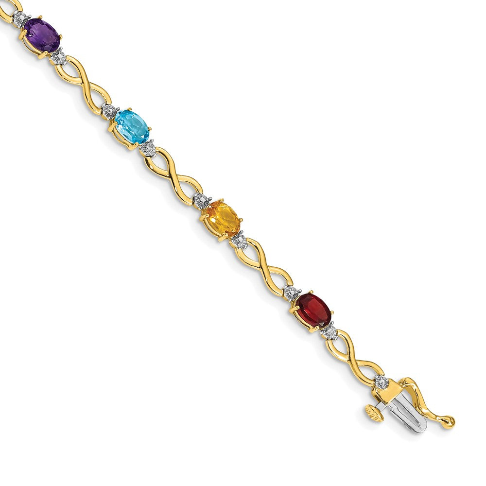 14k Complete Diamond and Oval Garnet/Swiss Blue Topaz/Citrine/Amethyst/Peridot Infinity 7 inch Rainbow Bracelet (4.65 grams)