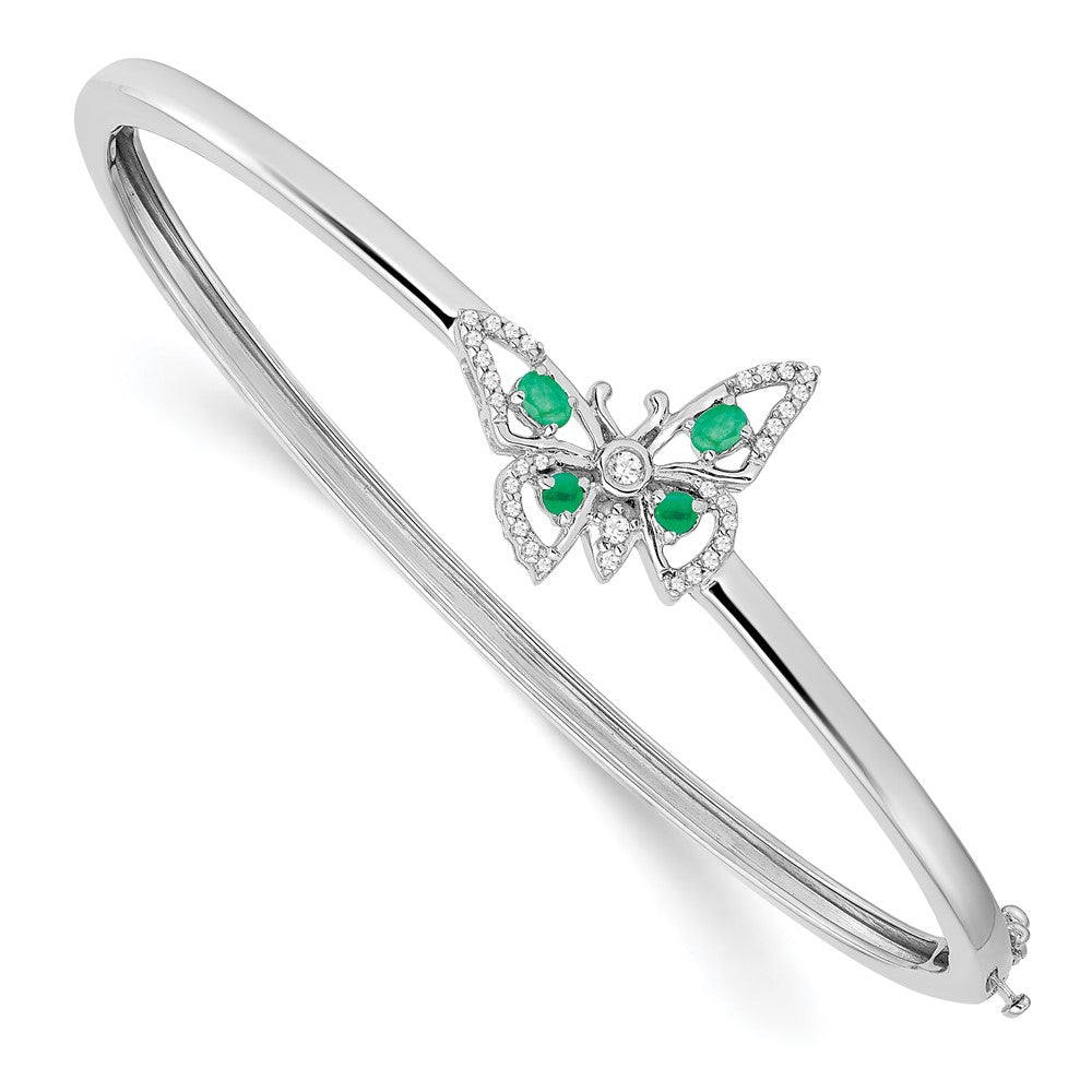 14k White Gold Complete Emerald and 1/6 carat Diamond Butterfly Hinged Bangle Bracelet (9.79 grams)