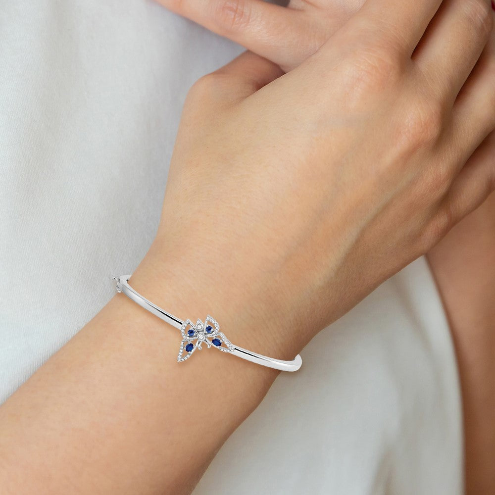 14k White Gold Complete Sapphire and 1/6 carat Diamond Butterfly Hinged Bangle Bracelet (9.79 grams)