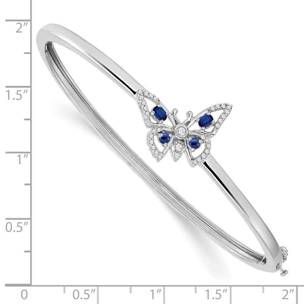 14k White Gold Complete Sapphire and 1/6 carat Diamond Butterfly Hinged Bangle Bracelet (9.79 grams)