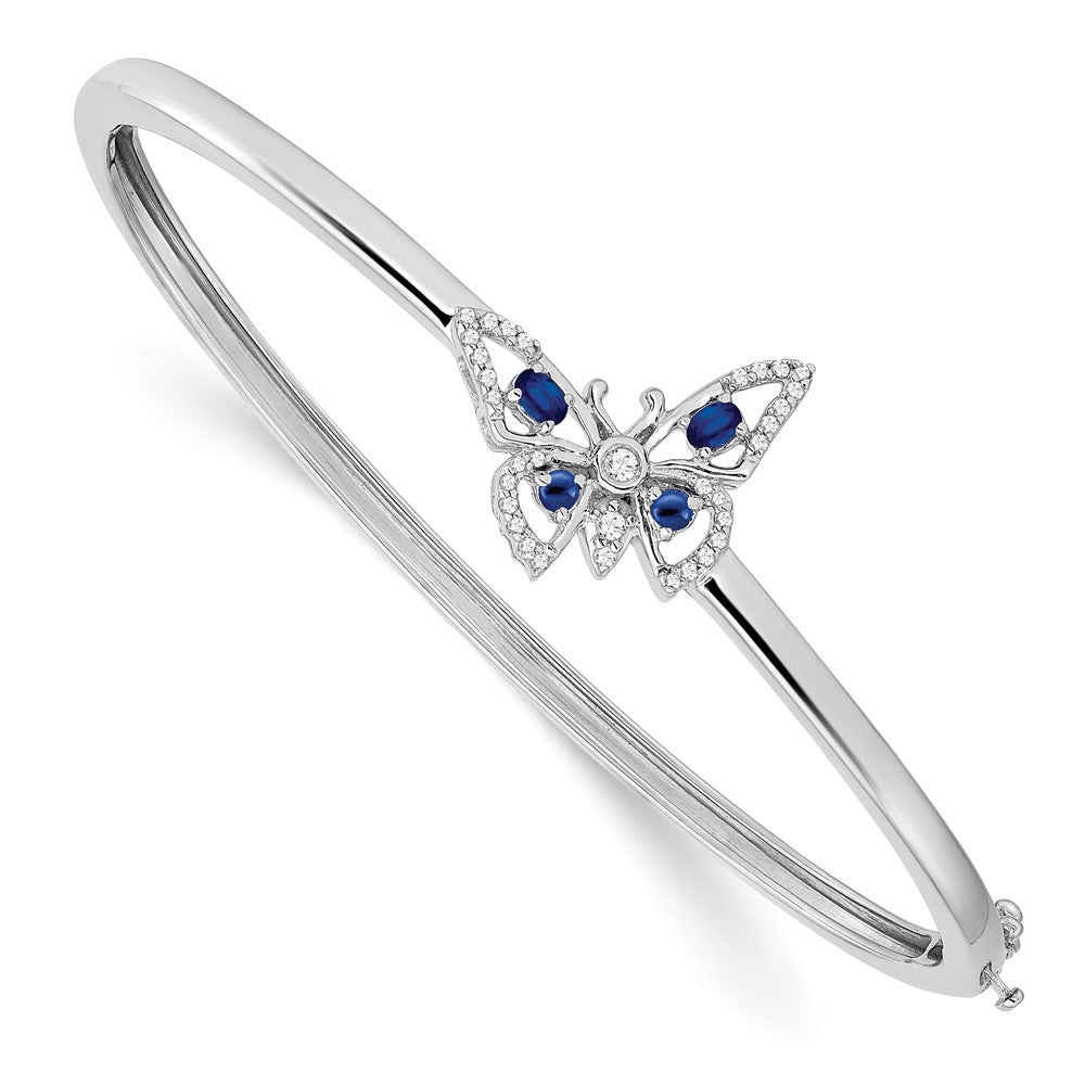 14k White Gold Complete Sapphire and 1/6 carat Diamond Butterfly Hinged Bangle Bracelet (9.79 grams)