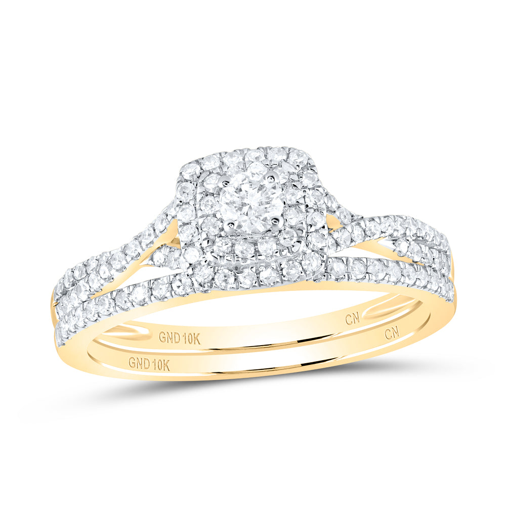 Gold Halo Solitaire Bridal Wedding Ring Band Set 1/2 Cttw Round Natural Diamond Womens (2.79 grams)