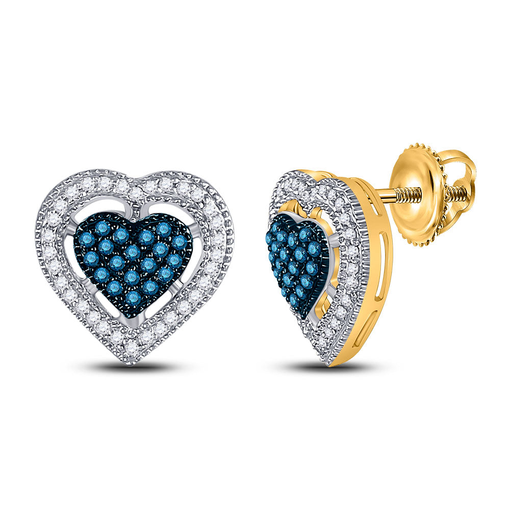 Gold Heart Earrings 3/8 Cttw Round Blue Color Treated Diamond Womens (2.9 grams)