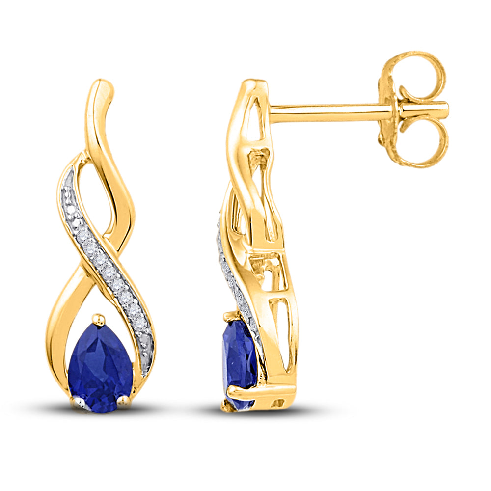 10Kt Yellow Gold Womens Pear Lab-Created Blue Sapphire Diamond Earrings 1.00 Cttw (2.67 grams)