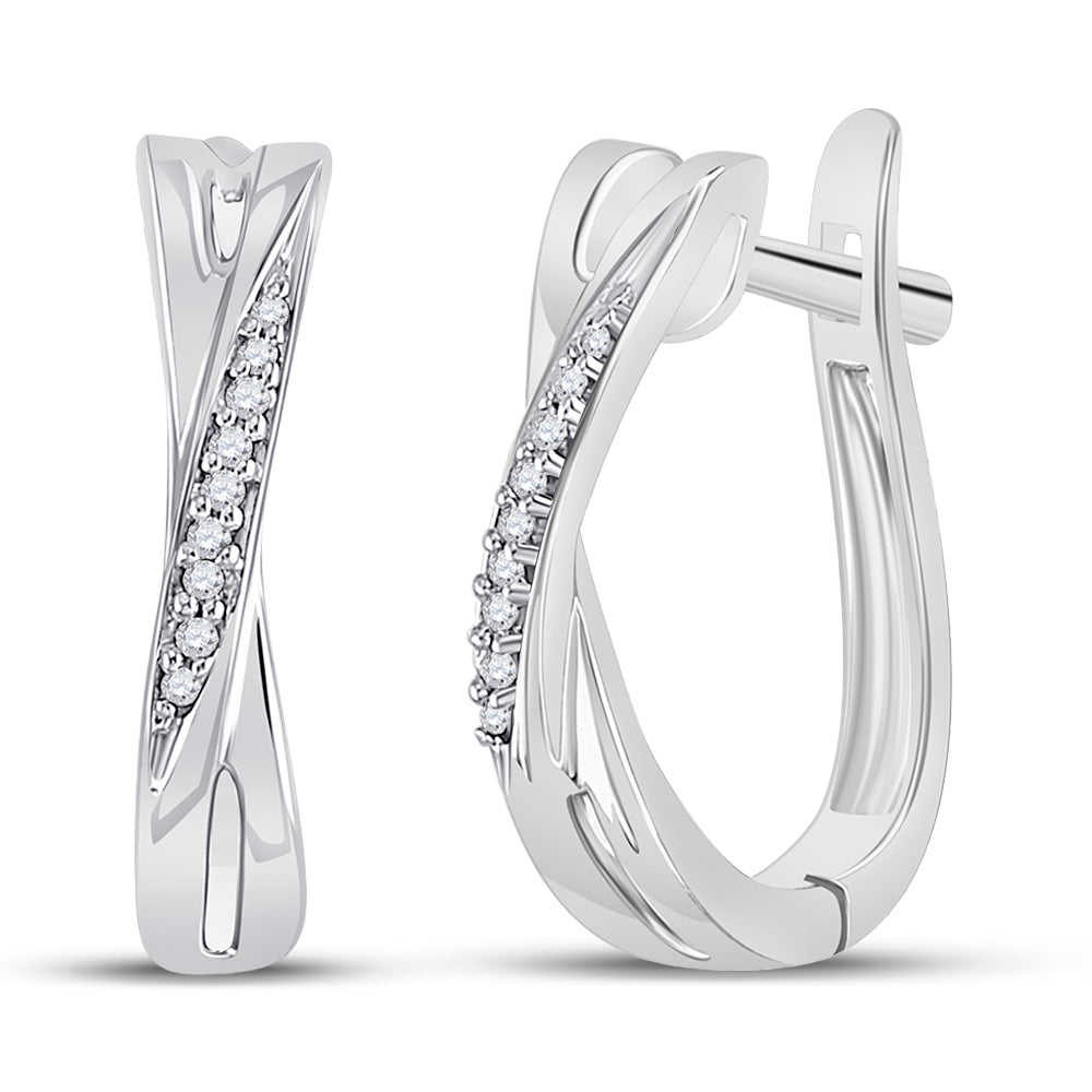 10Kt White Gold Womens Round Diamond Slender Crossover Hoop Earrings 1/20 Cttw (2.82 grams)