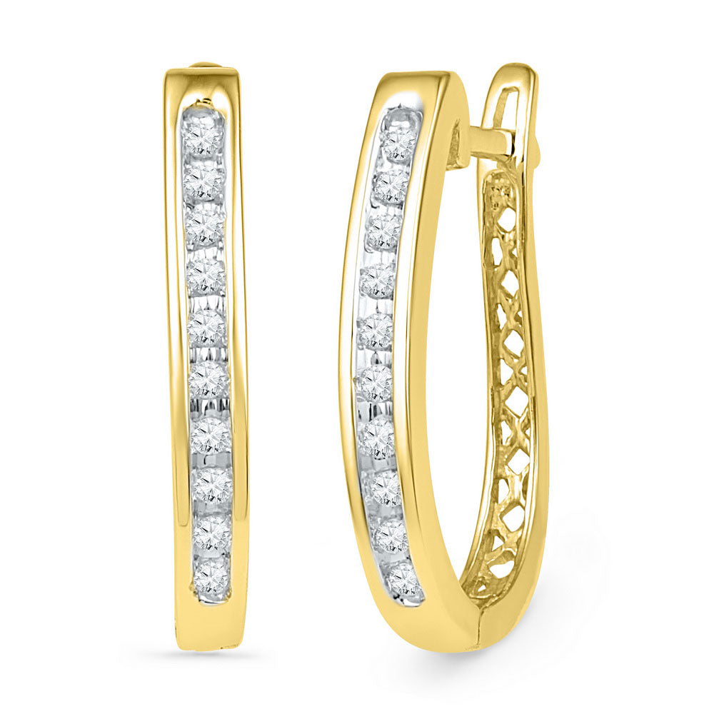 Gold Slender Single Row Oblong Hoop Earrings 1/5 Cttw Round Natural Diamond Womens (2.99 grams)