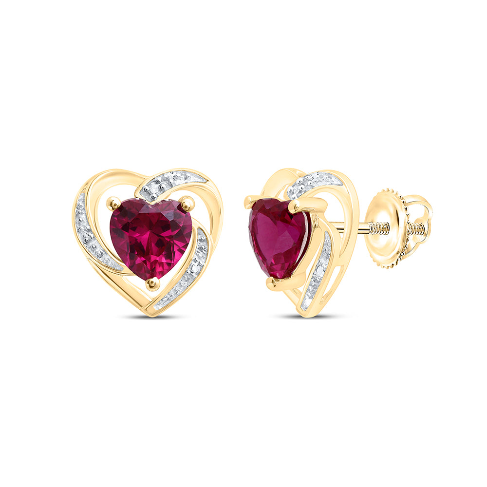 Gold Heart Earrings 3/8 Cttw Round Synthetic Ruby Womens (2.6 grams)