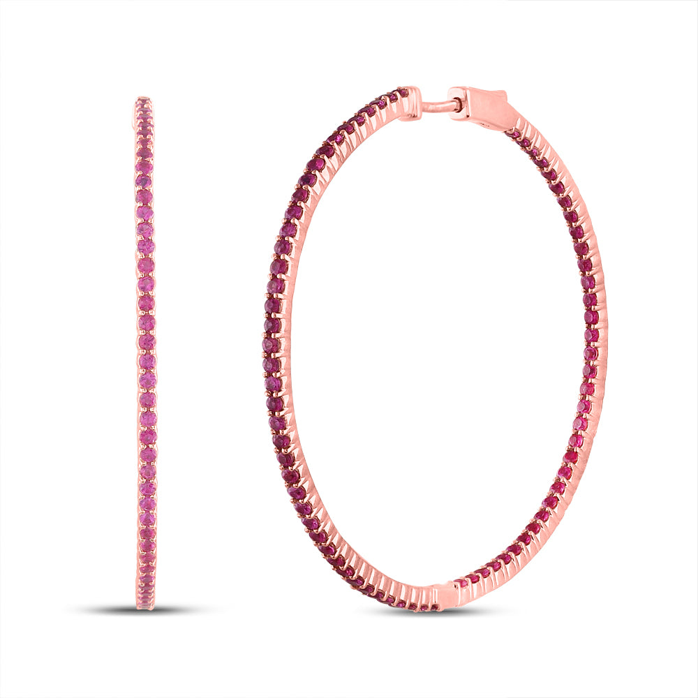 14Kt Rose Gold 4 1/3Ctw-Diamond Ruby Natural Gem Hoops (11.67 grams)