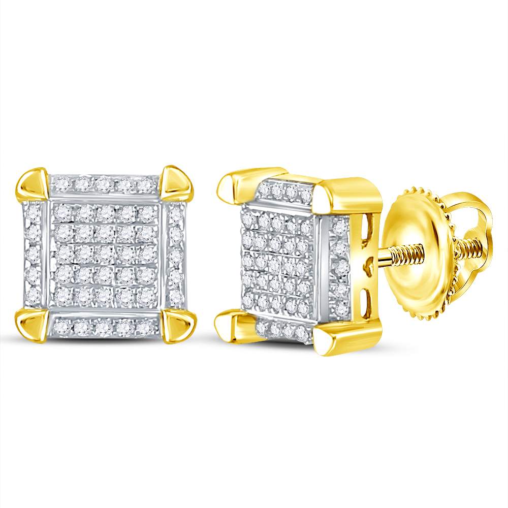 Gold Square Stud Cluster Earrings 1/6 Cttw Round Natural Diamond Mens (1.62 grams)