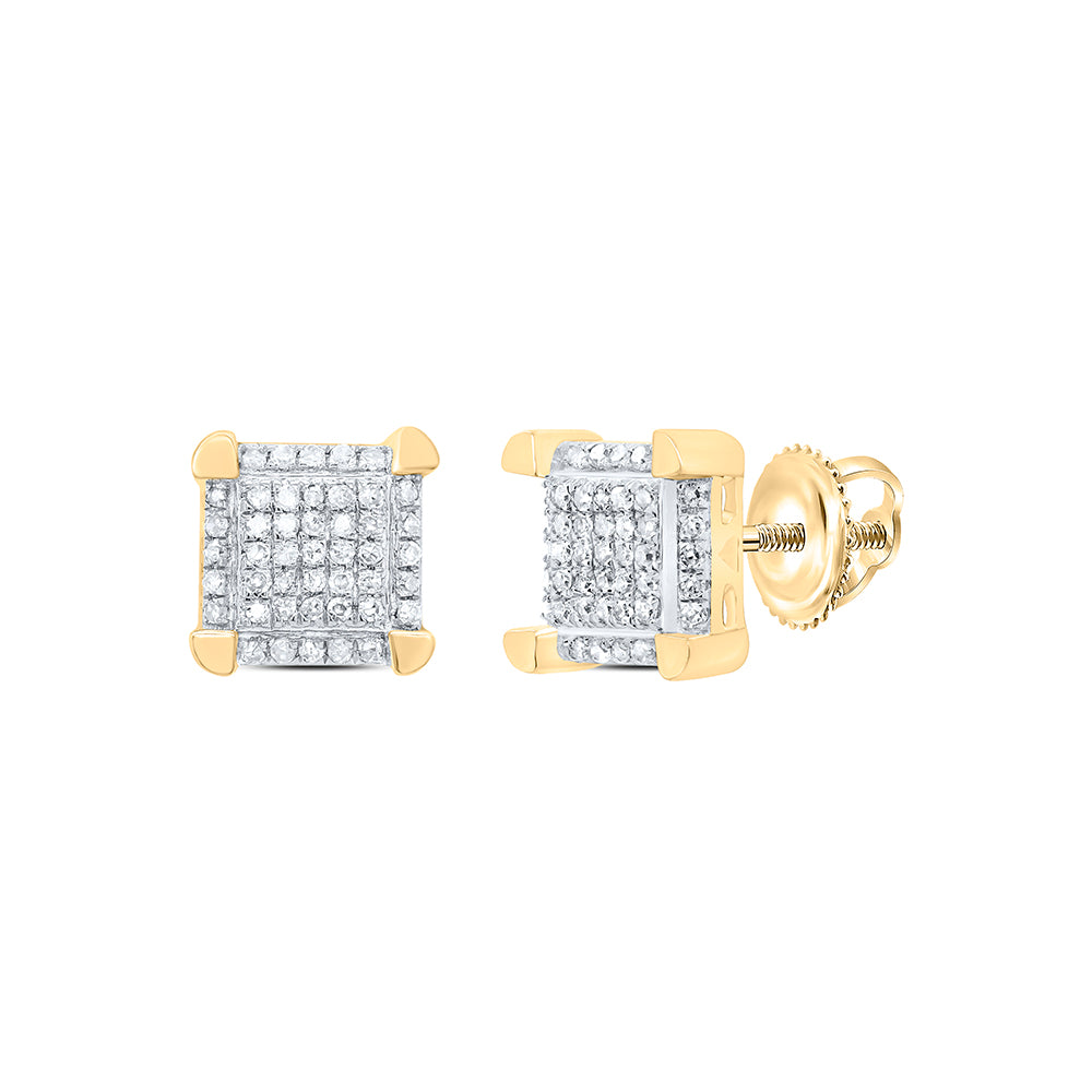 Gold Square Stud Cluster Earrings 1/6 Cttw Round Natural Diamond Mens (1.62 grams)