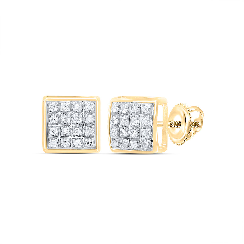 Gold Square Cluster Earrings 1/10 Cttw Round Natural Diamond Mens (1.46 grams)