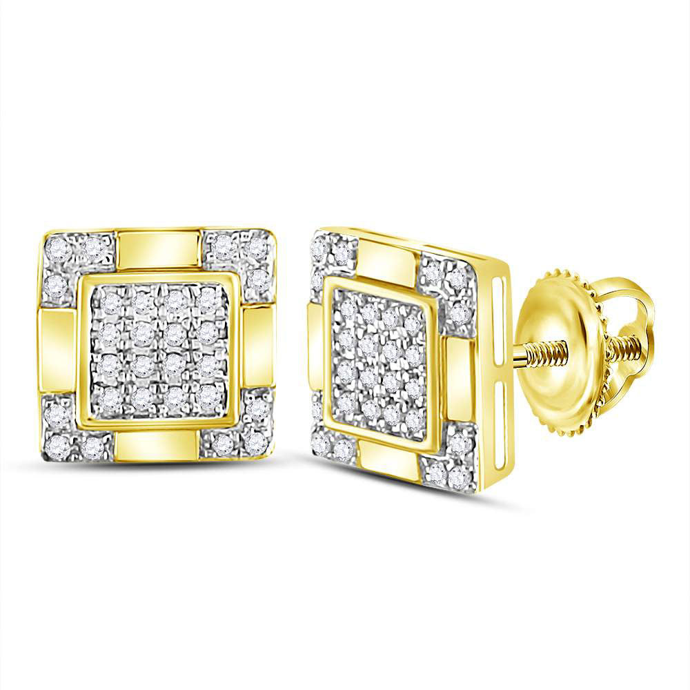 Gold Square Stud Cluster Earrings 1/6 Cttw Round Natural Diamond Mens (1.87 grams)