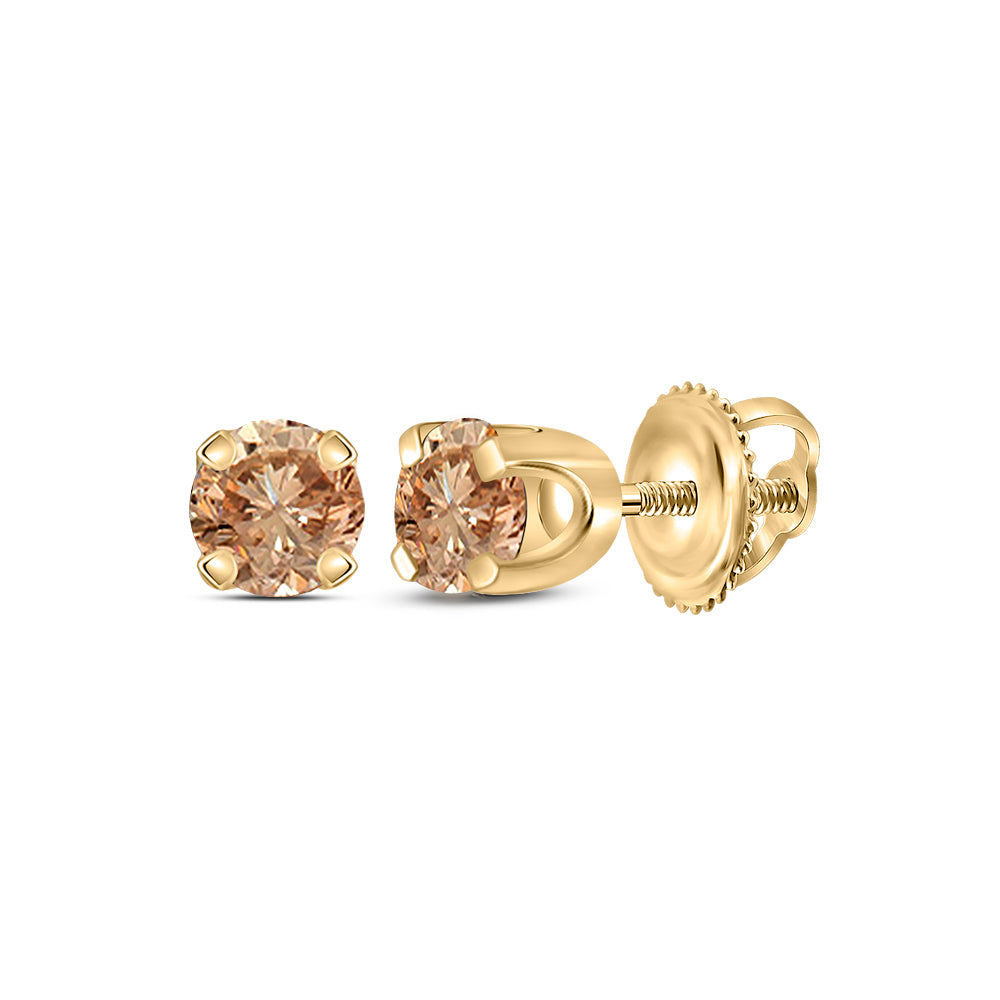 Gold Stud Solitaire Earrings 1/4 Cttw Round Brown Diamond Womens (0.59 grams)