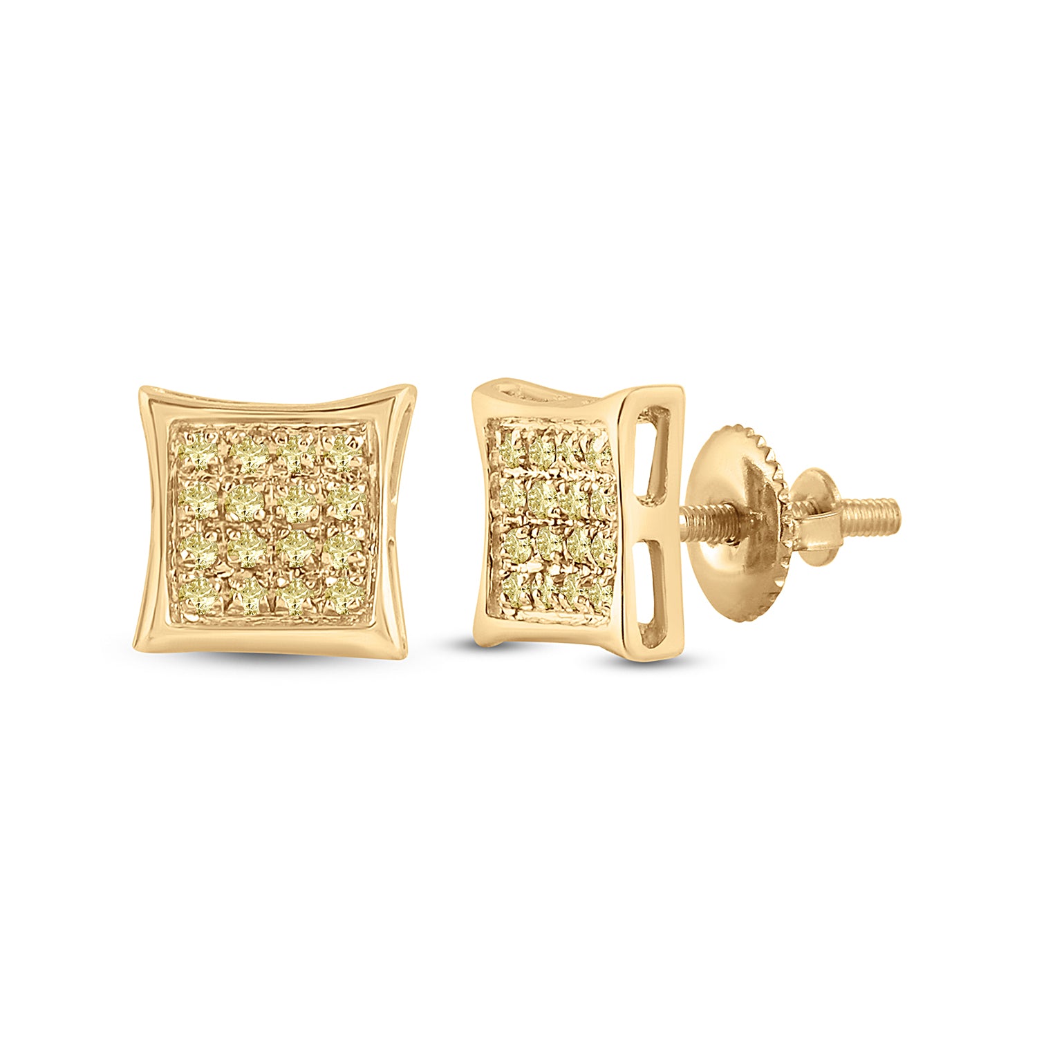 Gold Square Earrings 1/10 Cttw Round Yellow Color Treated Diamond Mens (0.81 grams)