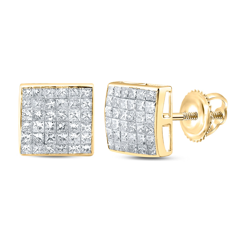 Gold Square Cluster Earrings 2 Cttw Princess Natural Diamond Womens (2.72 grams)