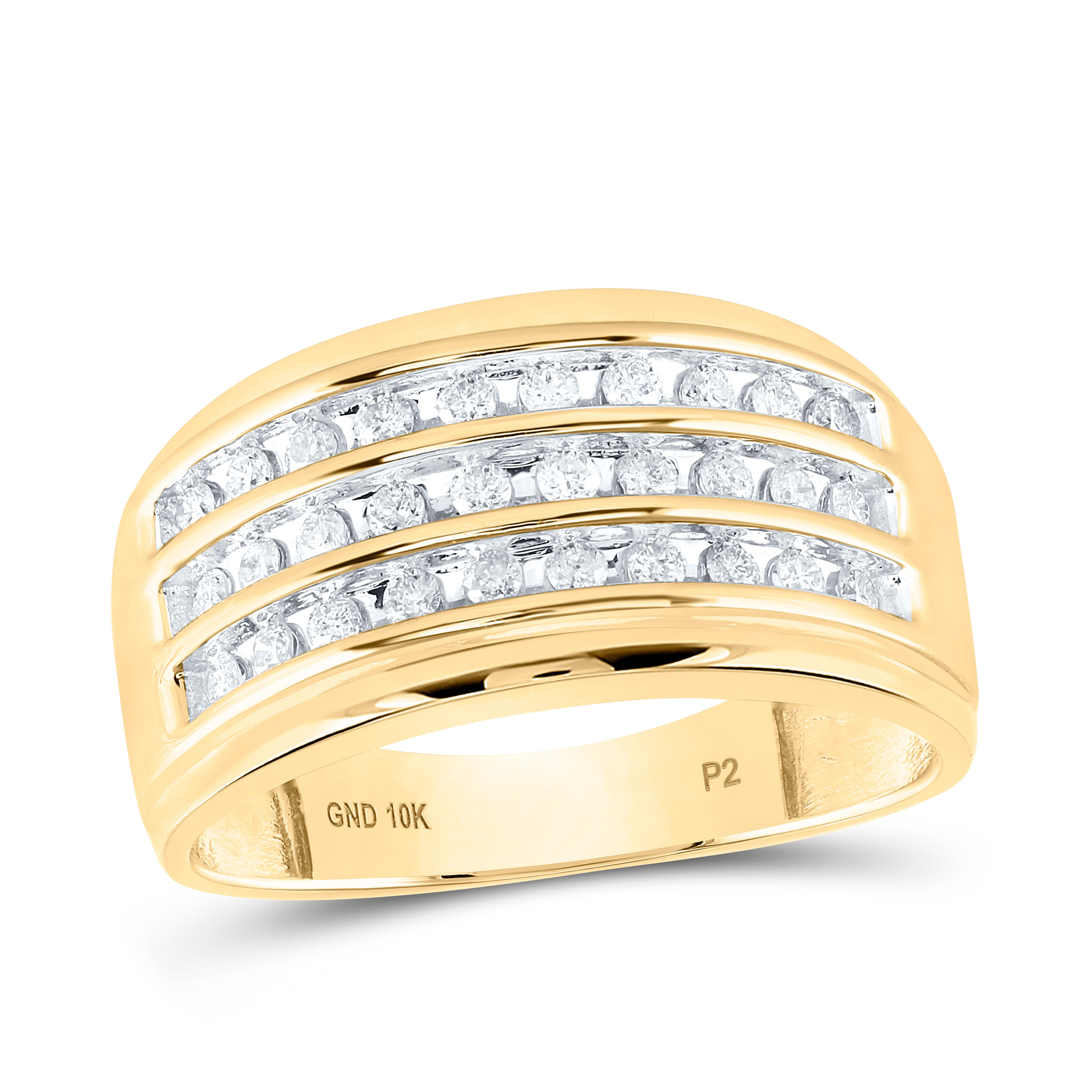 Gold Triple Row Band Ring 1/2 Cttw Round Natural Diamond Mens (5.57 grams)