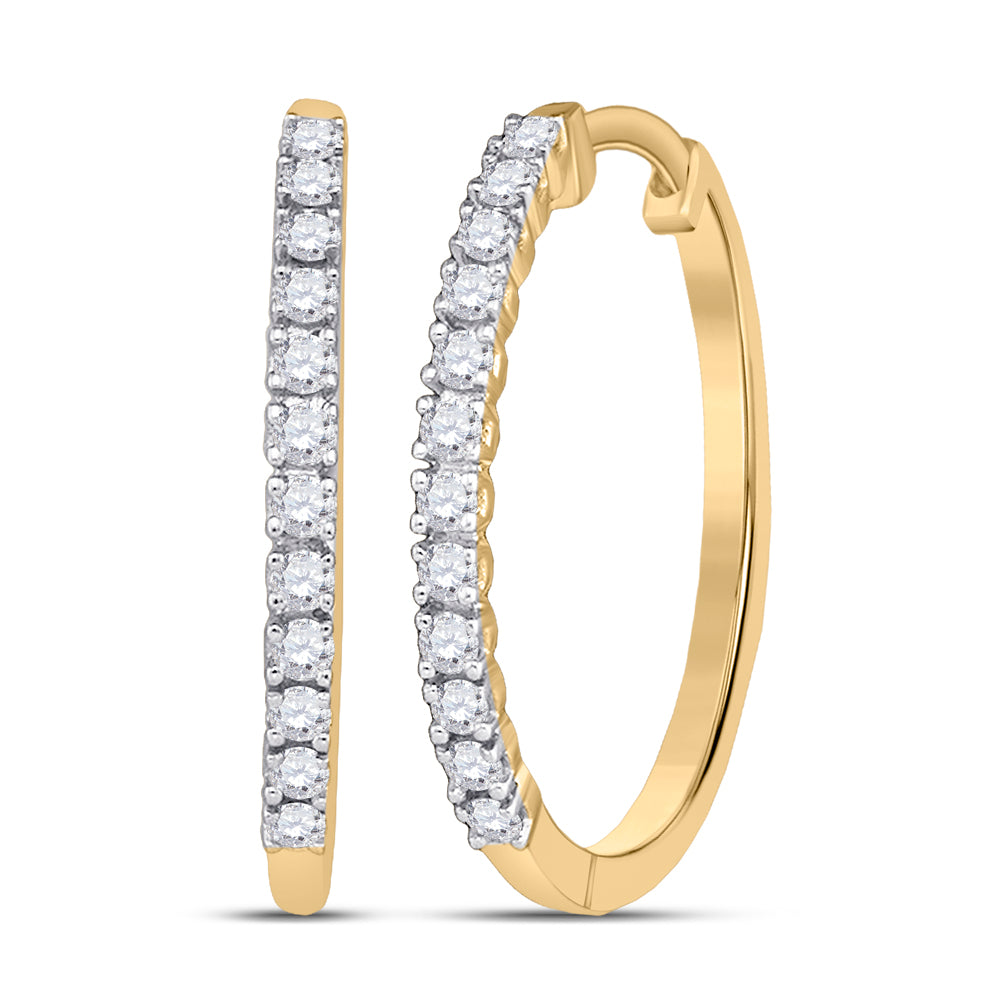 Gold Slender Single Row Hoop Earrings 1/4 Cttw Round Natural Diamond Womens (1.67 grams)