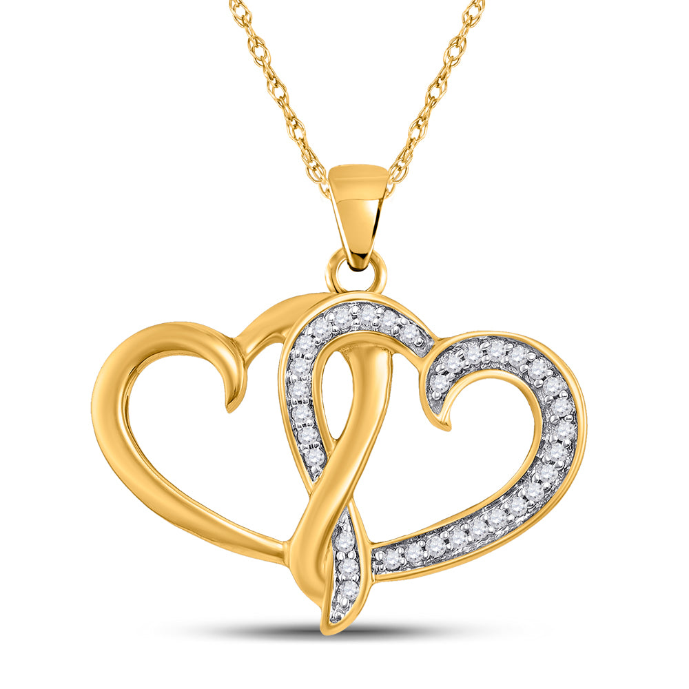 Gold Double Joined Heart Pendant 1/10 Cttw Round Natural Diamond Womens (1.16 grams)