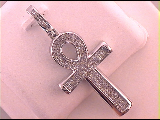 10Kt White Gold 1/3Ct-Dia Mens Ankh Cross Charm (3.67 grams)