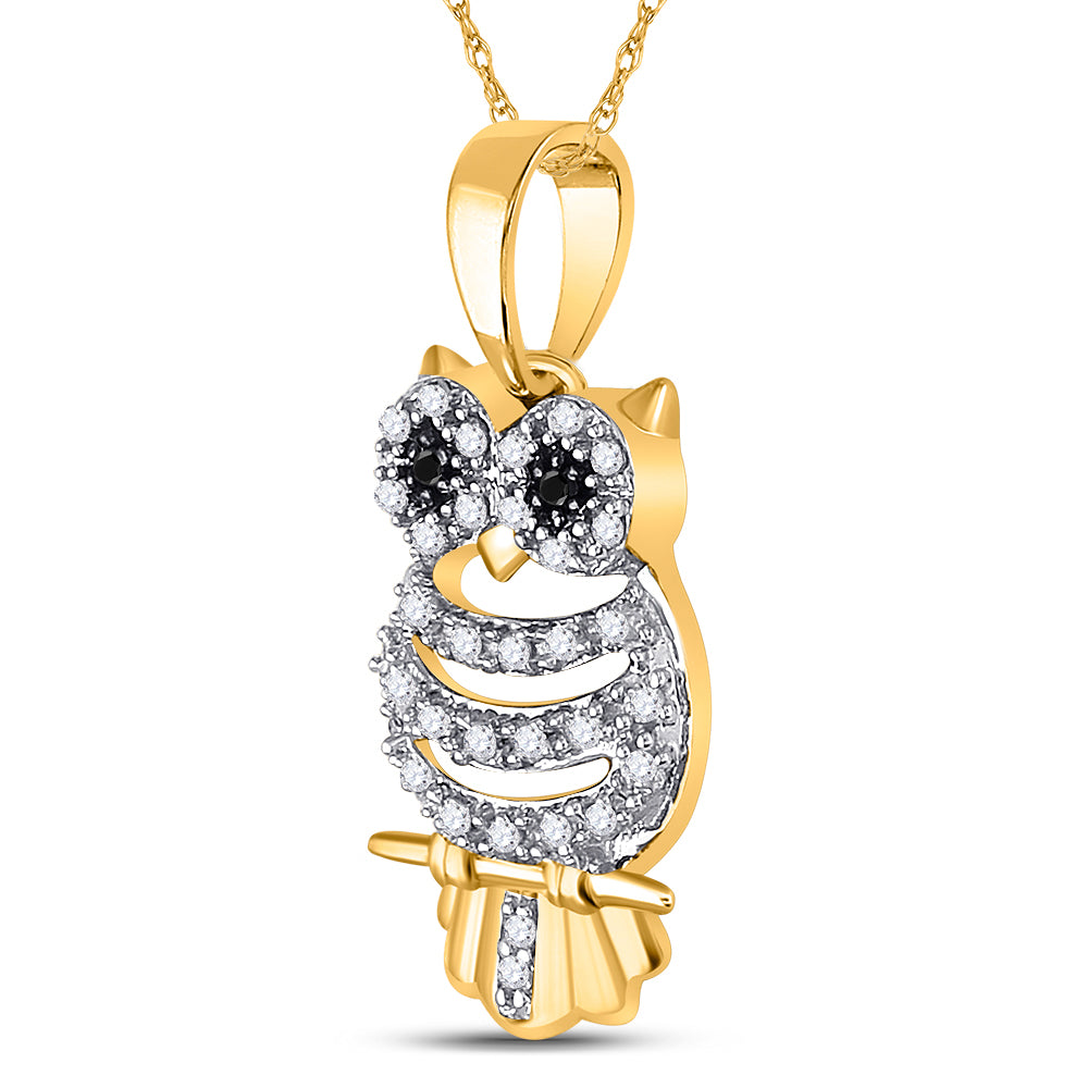 Gold Owl Animal Pendant 1/6 Cttw Round Black Color Treated Diamond Womens (1.5 grams)