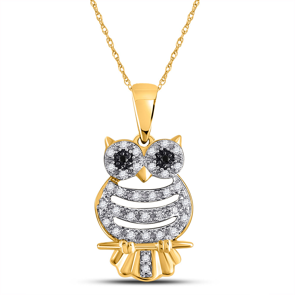 Gold Owl Animal Pendant 1/6 Cttw Round Black Color Treated Diamond Womens (1.5 grams)