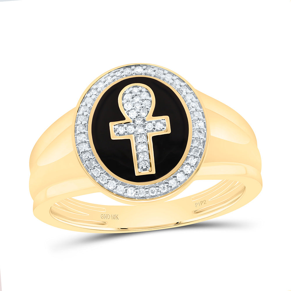 10Kt Yellow Gold Mens Round Diamond Ankh Cross Fashion Ring 1/6 Cttw (5.16 grams)