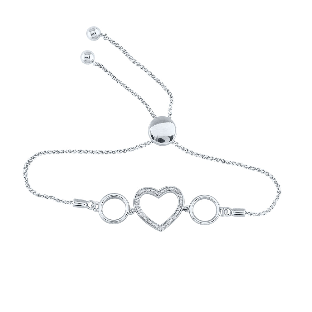 Sterling Silver 1/20Ctw Diamond Heart Bolo Bracelet (4.21 grams)