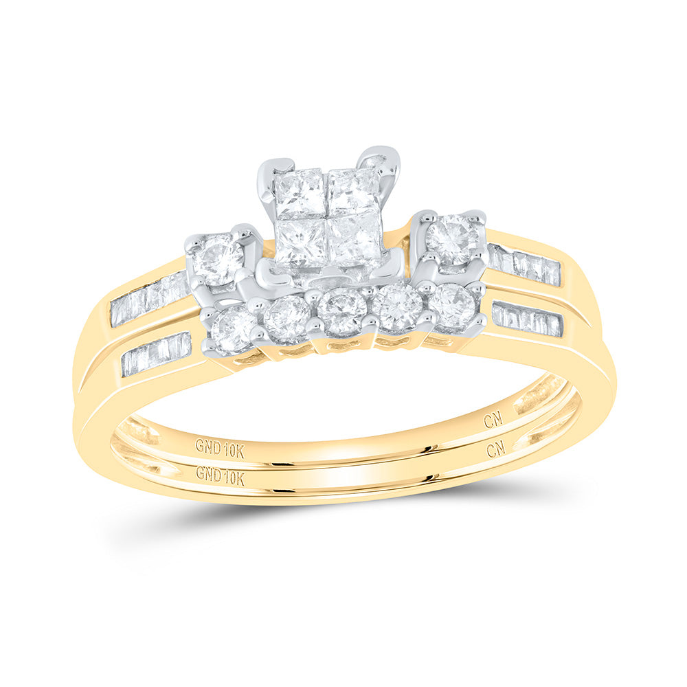 Gold Cluster Bridal Wedding Ring Band Set 3/8 Cttw Princess Natural Diamond Womens (2.67 grams)