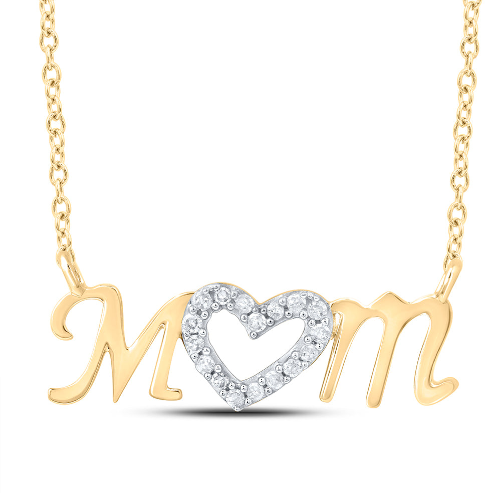 Gold Heart Mom Necklace 1/10 Cttw Round Natural Diamond Womens (0.89 grams)