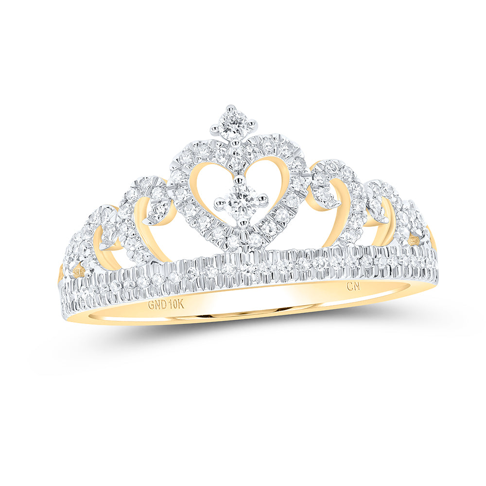 Gold Heart Crown Fashion Ring 1/4 Cttw Round Natural Diamond Womens (2.93 grams)