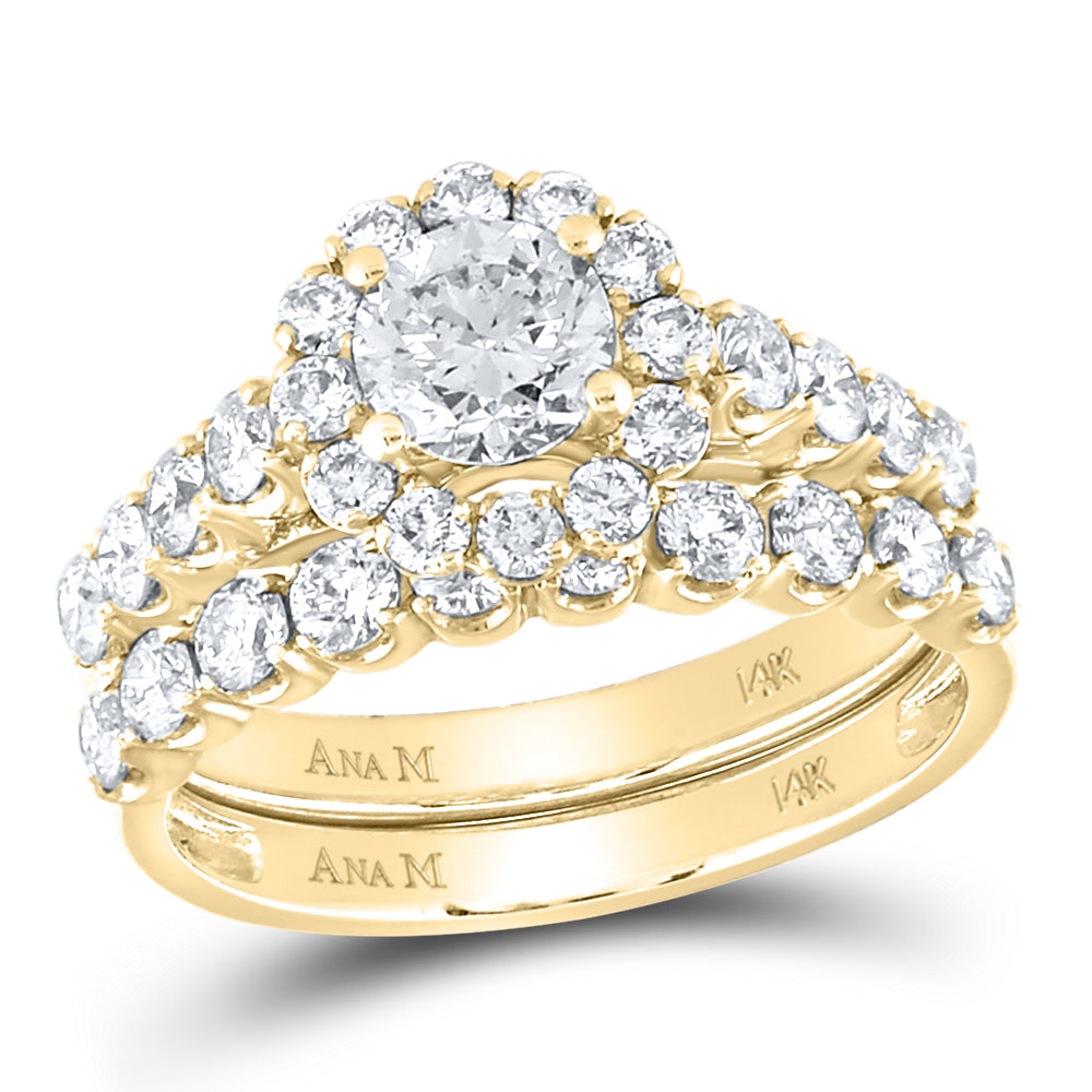 Gold Halo Bridal Wedding Ring Band Set 2 Cttw Round Natural Diamond Womens (4.7 grams)