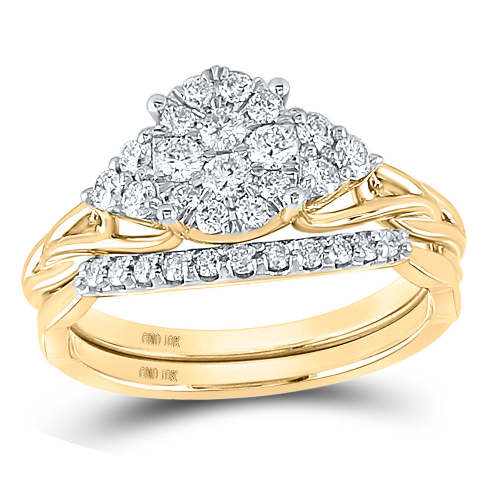 Gold Cluster Bridal Wedding Ring Band Set 5/8 Cttw Round Natural Diamond Womens (3.65 grams)