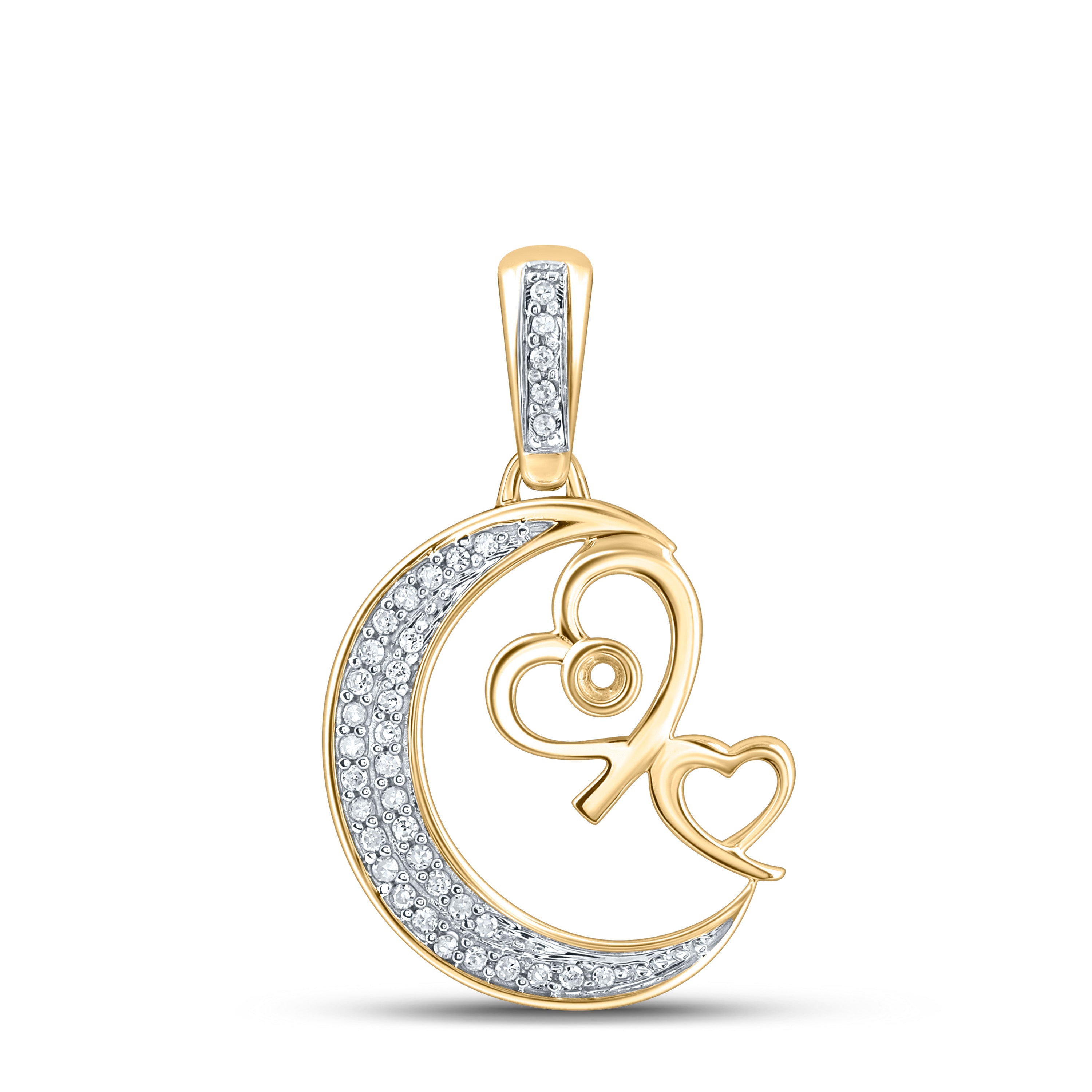 Gold Crescent Moon Heart Pendant 1/10 Cttw Round Natural Diamond Womens (1.76 grams)