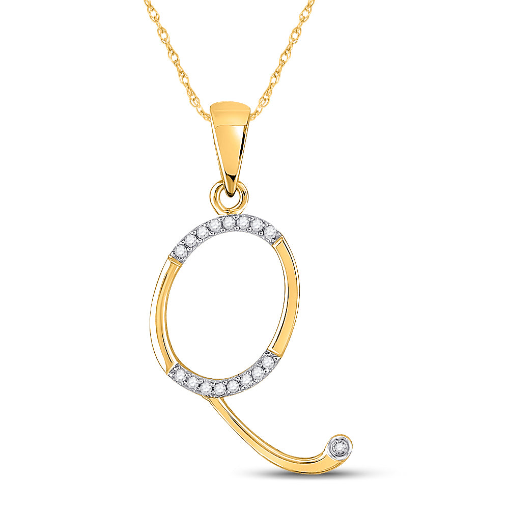 Gold Initial Q Letter Pendant 1/12 Cttw Round Natural Diamond Womens (1.02 grams)