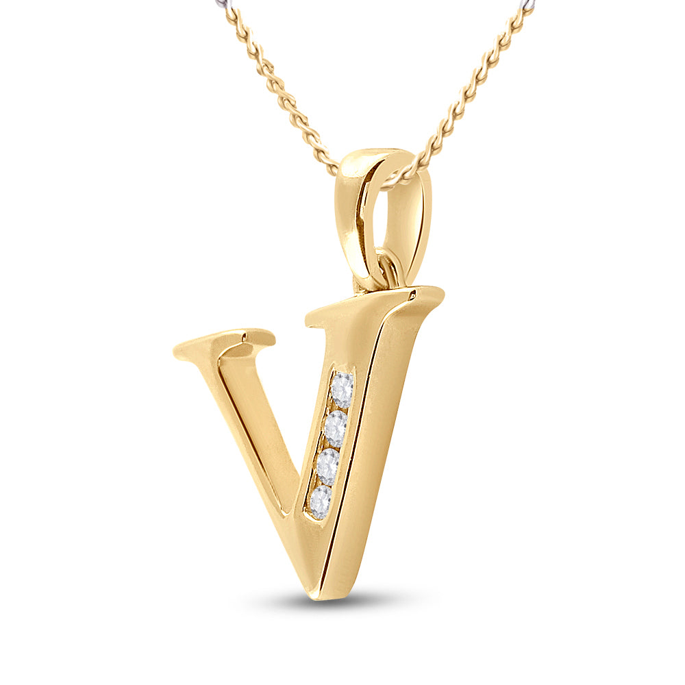 Gold V Initial Letter Pendant 1/20 Cttw Round Natural Diamond Womens (0.85 grams)