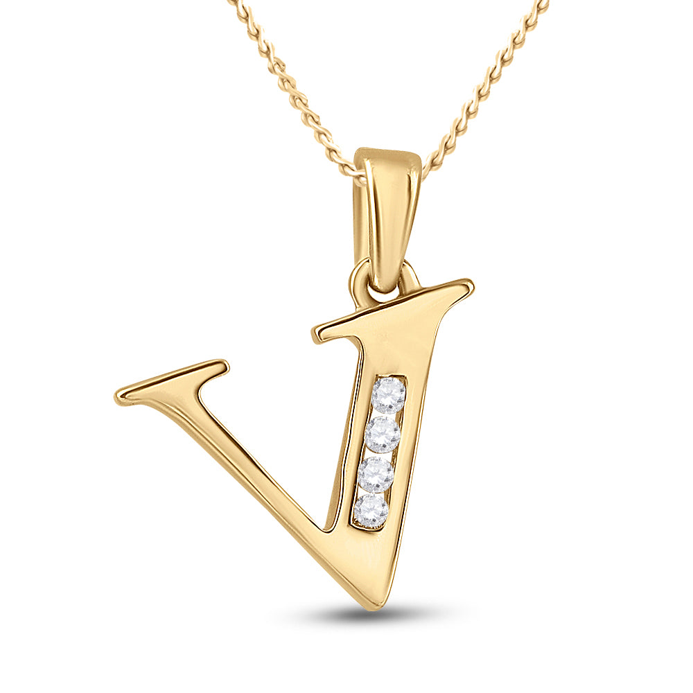 Gold V Initial Letter Pendant 1/20 Cttw Round Natural Diamond Womens (0.85 grams)