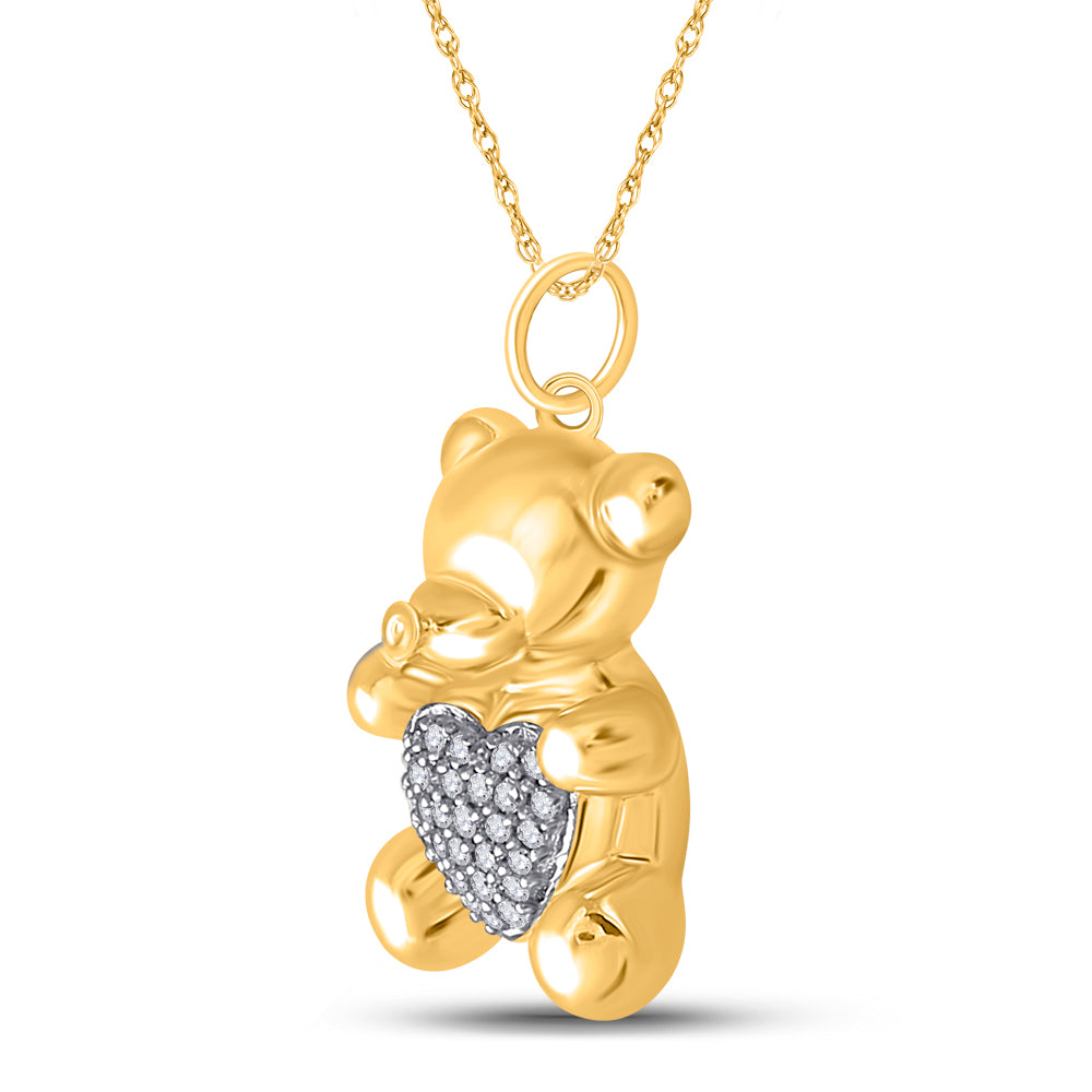 Gold Bear Heart Animal Pendant 1/10 Cttw Round Natural Diamond Womens (3.3 grams)