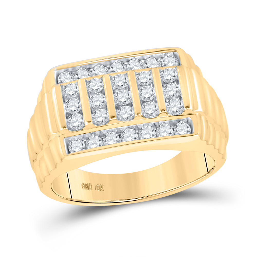 Gold Ribbed Fashion Ring 1 Cttw Round Natural Diamond Mens (11.13 grams)