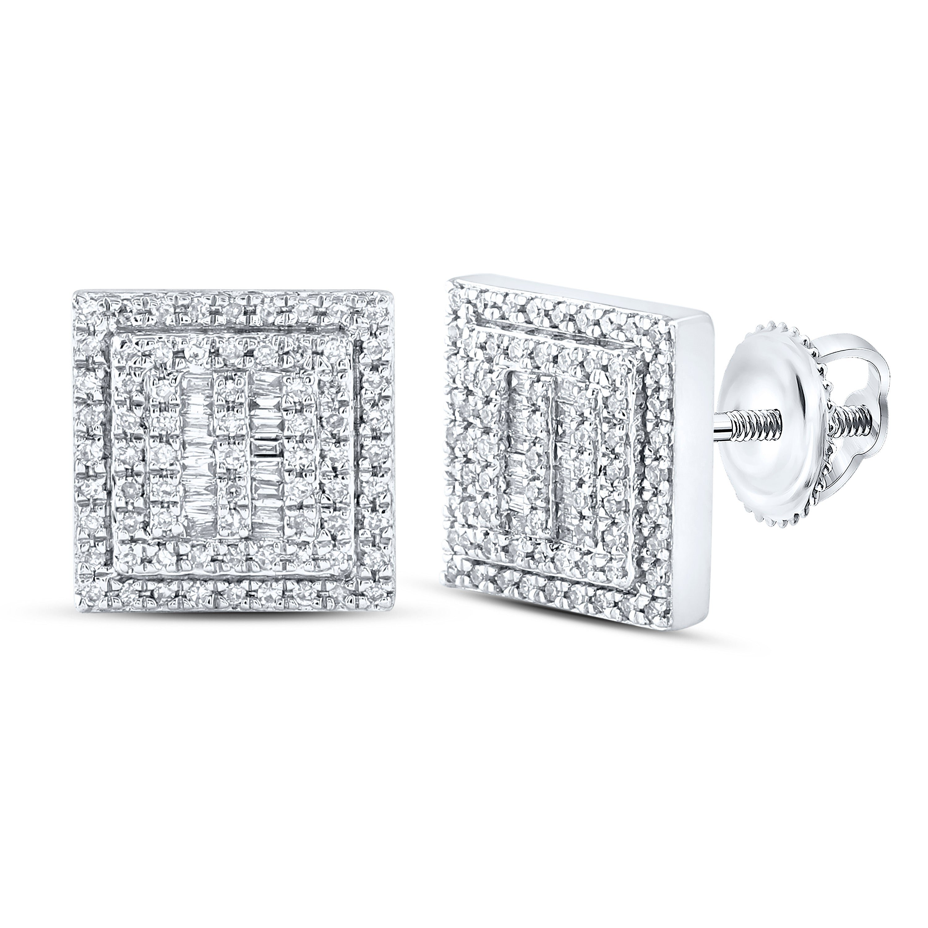 Gold Square Earrings 1/2 Cttw Baguette Natural Diamond Mens (3.81 grams)