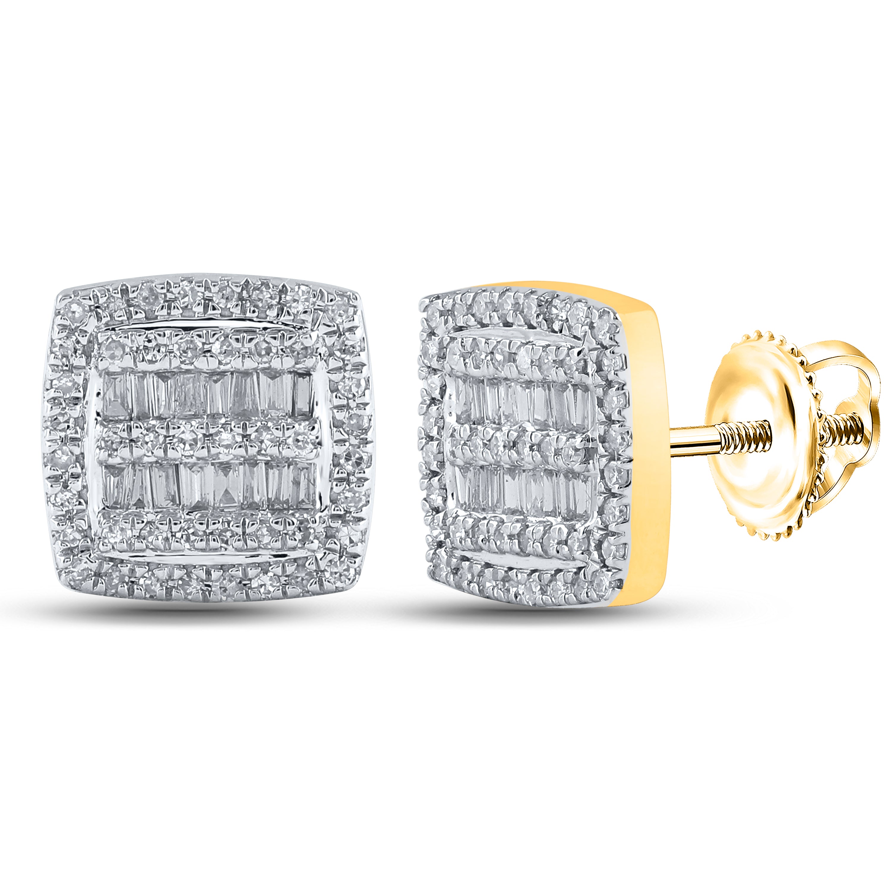 Gold Square Earrings 3/8 Cttw Baguette Natural Diamond Mens (2.28 grams)